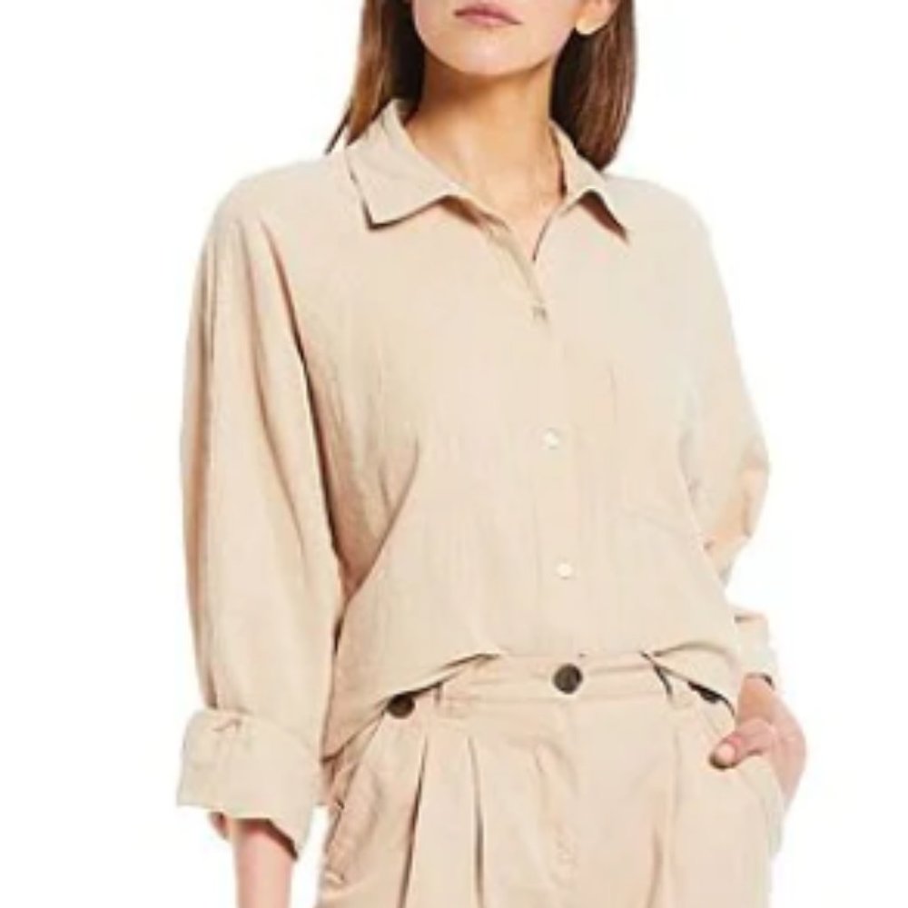 Every Woven Long Cuff Sleeve Point Collar Coordinating Button Front Top M